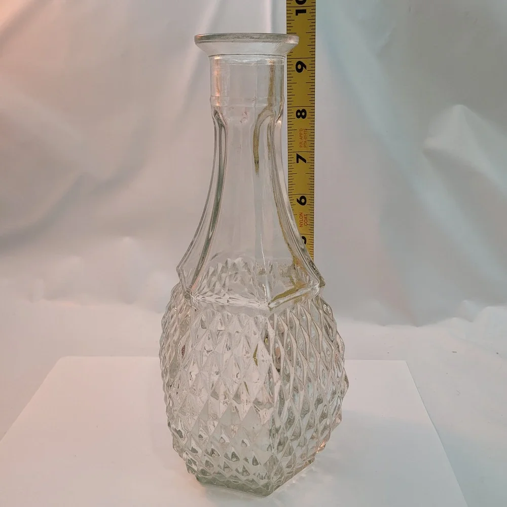 Vintage Glass‎ Decanter Vase Diamond Point Clear Hexagonal Base 9.5 Inch Carafe